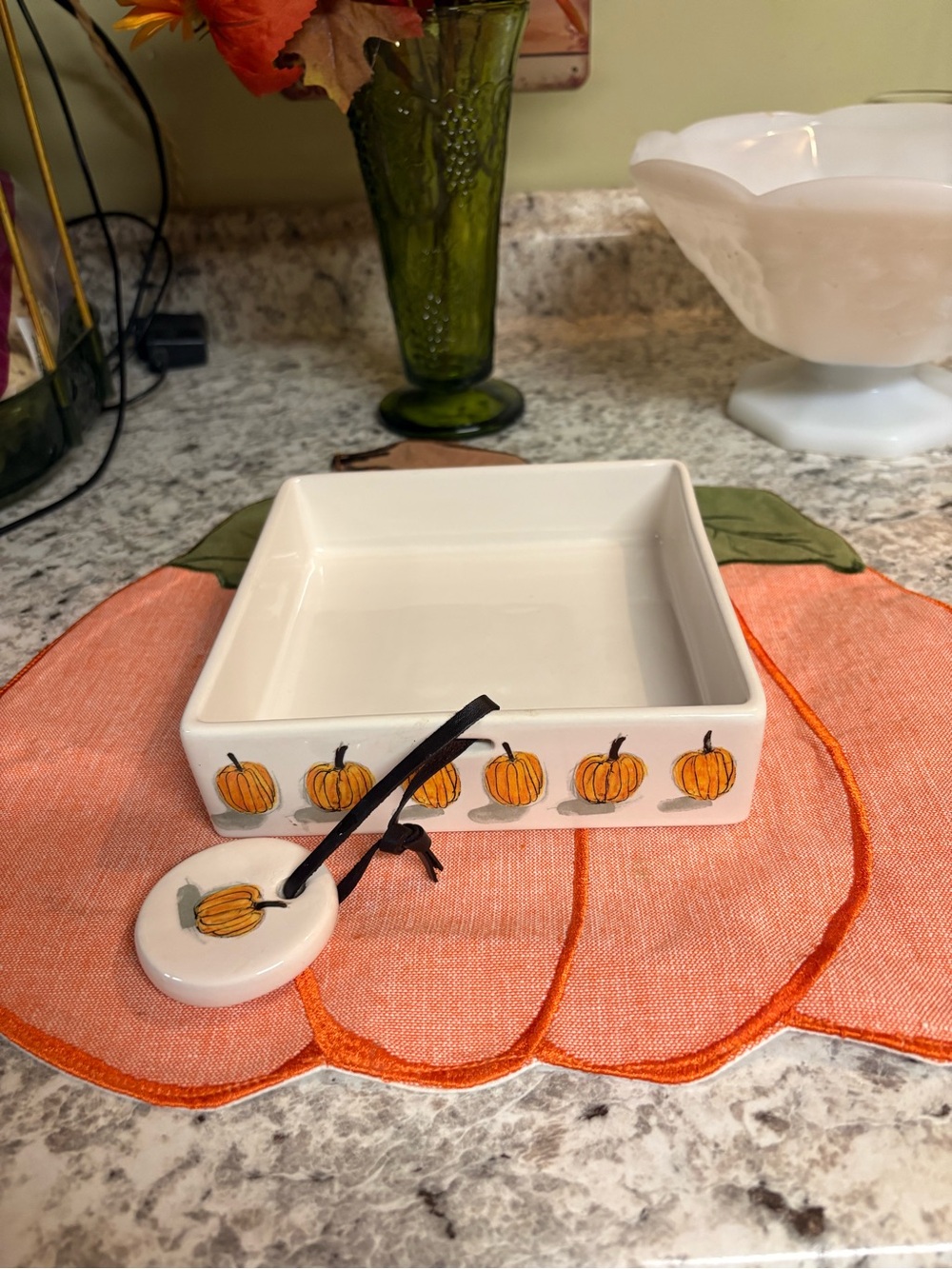 White Ceramic Pumpkin Trinket Dish with Orange Pumpkin Design